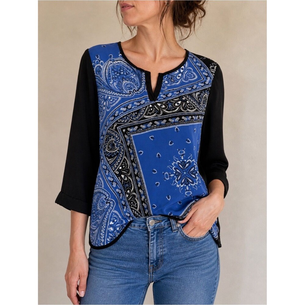 SunLight Paris blouse. Blue and Black Large NWT